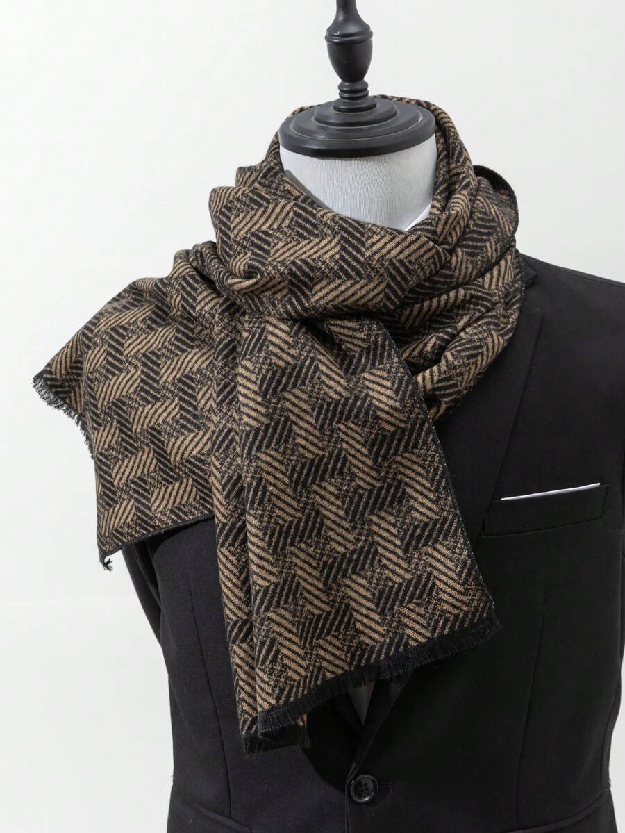 1 件男士新款时尚商务休闲几何条纹流苏围巾，温暖百搭，适合秋冬外套 - 彩色 - 查看 1
