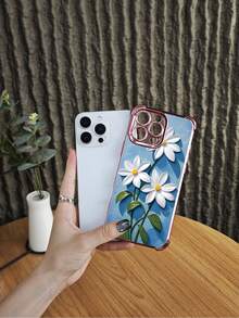 Daisy Flower Pattern Shockproof Phone Case With Blue Background Cute Aesthetic Protective Cover Fashion Design Non Slip Drop Resistant Slim Fit Lightweight Compatible With IPhone 16Promax 16 15 14 13 12 11 X XS XSMAX Plus Pro S25Ultra S25 S24 S23 S22  Plus FE Case - Blue - View 7