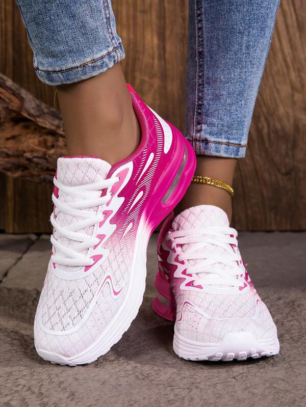 New Casual Sports Dance Shoes, Comfortable Lightweight Lace-Up Slip-On Versatile Gradient Color Fabric Breathable Thick Sole Real Air Cushion Shock Absorbing Non-Slip Platform Shoes, Plus Size Women Shoes For Cross-Border E-Commerce