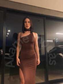 Elegant Party Long Slit Dress | Premium Suplex | Graduation, Wedding, Guest, Prom, Backless - Rust Brown - View 2