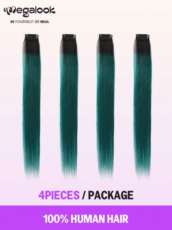 MEGALOOK 4 piezas Extensiones de cabello humano rectas de color verde 100% de 12/16 pulgadas 15A con doble tracción, accesorios de cabello humano de colores para peinados de estilo Y2K, Corpse Bride, fiestas, disfraces, campus, vacaciones, Navidad, carnaval y festivales musicales, regalo para mujeres y niñas