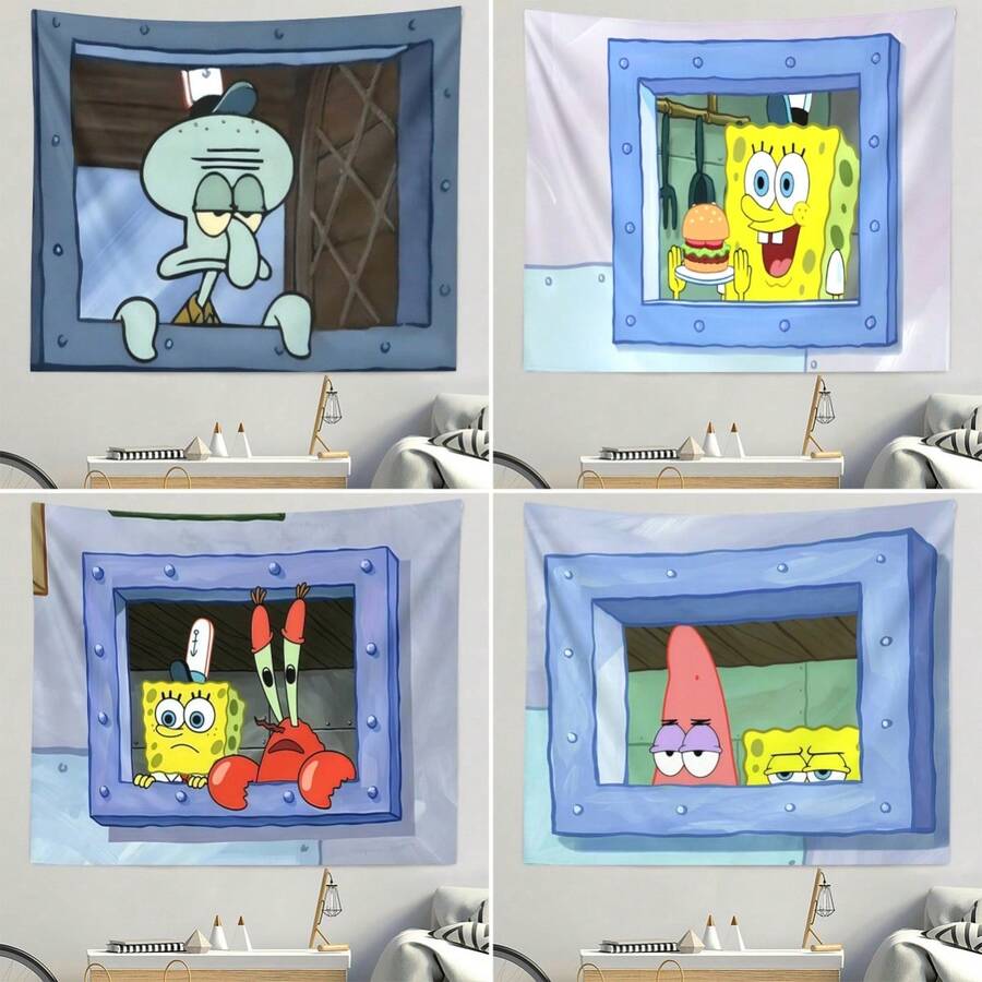 1pc Cartoon Cute SpongeBob Wall Hanging Tapestry, Bohemian Style Home Decor Tapestry, Bedroom Wall Decor, Room Wall Hanging Tapestry - Multicolor - View 1
