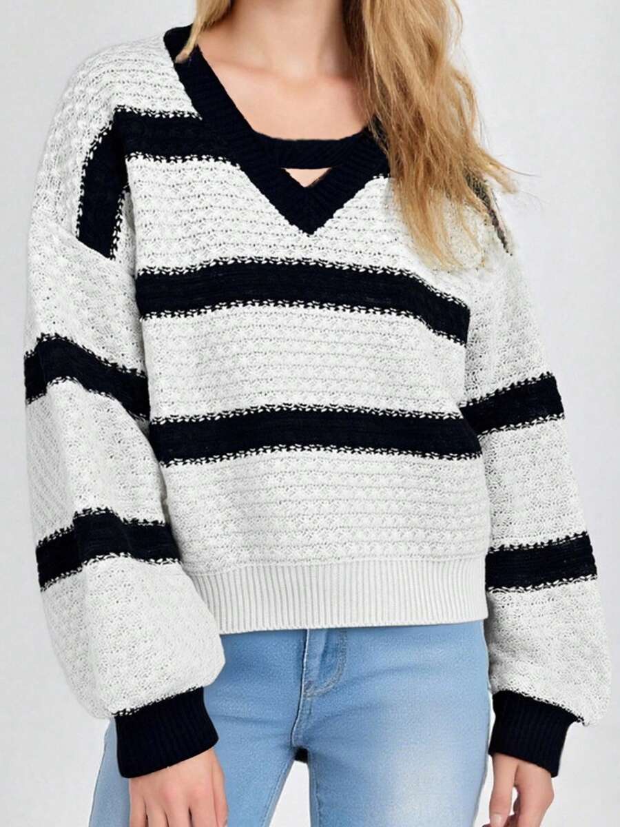 Women's Striped Loose Fit Sweater Fashionable Casual V Neck Long Lantern Sleeve Knit Patchwork Tops