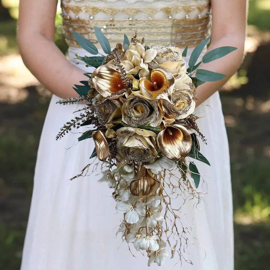 Bridal Bouquets Holding Flowers, Cascading, Bridal Bouquets, 17.7-Inch Bridal Bouquets, Wedding Throwing Bouquets, Artificial Flower Bouquets, Wedding Ceremonies And Anniversary Decorations - trắng - Xem 1