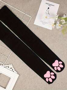 Meias Cano Alto Femininas com Garra de Gato 3D - Meias de Silicone Pretas com Acolchoado Rosa para Roleplay, Acessório de Moda Fofo, Adequado para Eventos Temáticos e Uso Diário, Estrutura de Tecido Macio, Acessório de Vestuário, Estilo Brincalhão, Material Durável, Colecionador de Meias