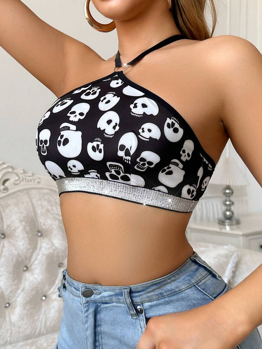 Women's Halloween Personalized Skull Print Cross Heart Strap Lace Bra - Black - View 1