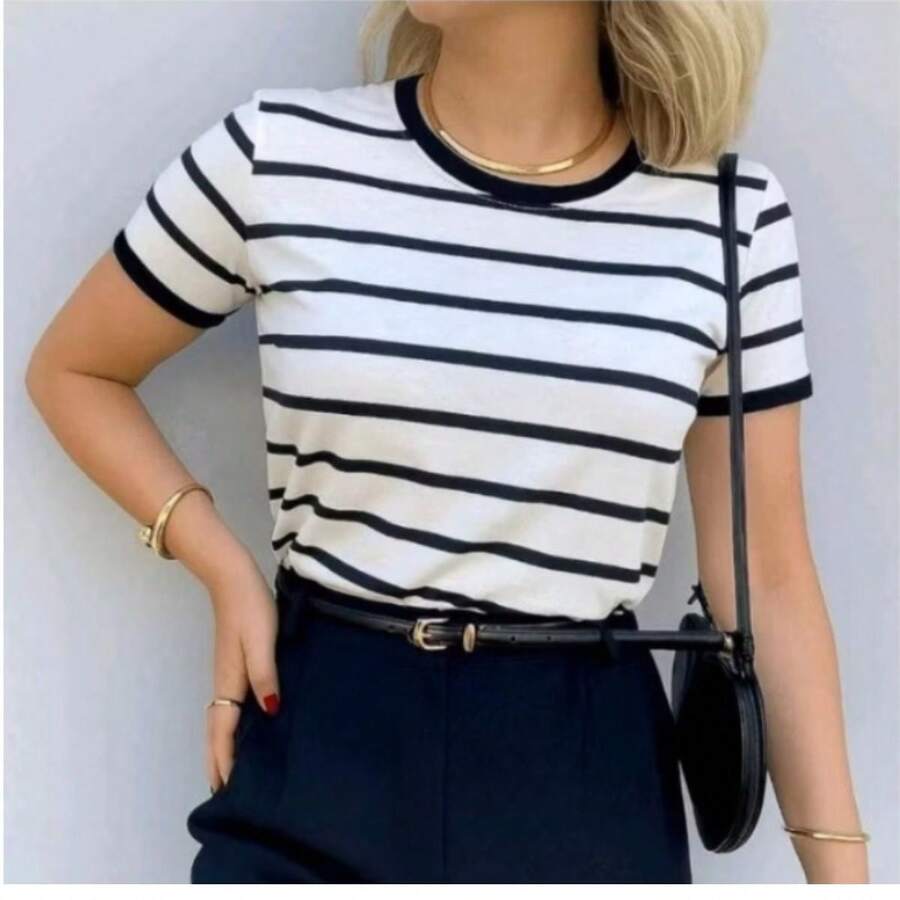 Babe Look Striped Round Neck Basic T-Shirt Premium Summer Fashion - Black - View 1