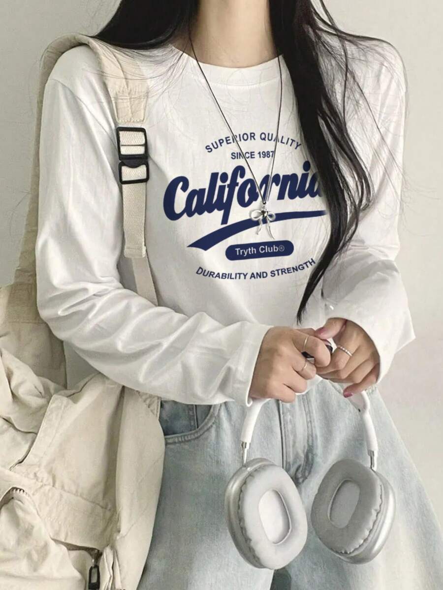 女士秋冬新款棉质字母印花休闲修身圆领短款图案T恤 - 白色 - 查看 1