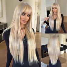 NICKY WALL 32Inch Extra Long Straight Layered Blonden Highlights Wigs For Women Elegant Nature Looking Wigs With Full Bangs,High Density Fluffy Synthetic Heat Resistant Fiber Hair,For Beginners Glueless Daliy Party Use - 漸變金色 - 查看 10