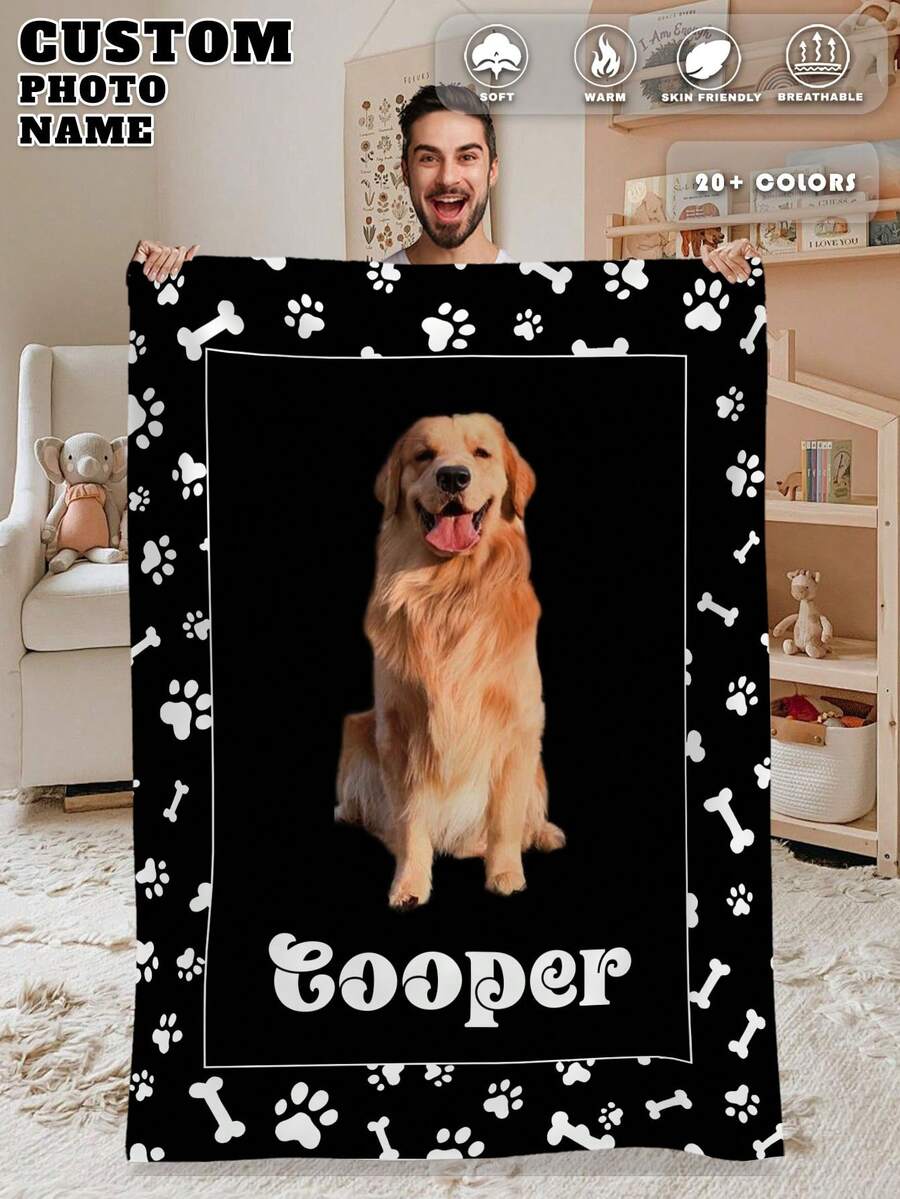 1pc Custom Photo Blanket For Bed, Multipurpose Living Room Sofa Outdoor Beach Camping Pet, Personalized Family/Pet/Couple Text Printed Bedding Blanket, Personalized Christmas Gifts, Family Gift, Birthday Gifts, Gift For Friend, Gift For Her