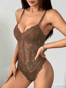 Bodysuit JSE Romantic dengan Hiasan Renda, Bodysuit Korset Tanpa Punggung Seksi Pas Badan - Coklat - View 3