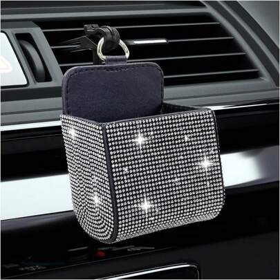 Organizador de almacenamiento para rejilla de ventilación del coche con brillo DUSCOKE, bolsa de almacenamiento para rejilla del coche con bolsillo de cuero y gancho para mujeres, soporte para teléfono móvil y gafas de sol con cristales brillantes para el salpicadero del automóvil (Colorido)