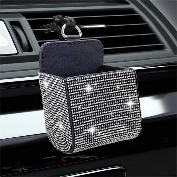 DUSCOKE Bling Car Air Vent Storage Organizer, Car Vent Storage Pouch Box Leather Pocket With Hook For Women, Sparkly Rhinestone Auto Dashboard Cell Phone Holder For Sunglasses, Key, Coin (Colorful)