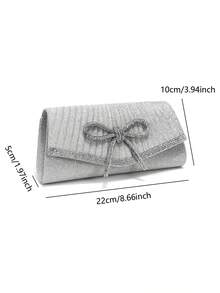 Bolsas de Festa Noturna Femininas em Veludo com Design de Envelope, Laço na Cor Prata, Pedras de Strass, Cobertura Pequena com Corrente de Ombro, Adequadas para Casamento, Baile de Formatura e Outras Ocasiões