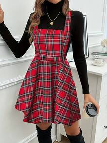 1 pieza Vestido de peto casual de cuadros rojos elegante para fiesta, uso diario, otoño/invierno, Navidad
