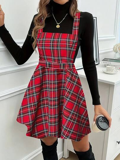 1pc Red Plaid Casual Party Elegant Pinafore Dress, Everyday Wear, Autumn/Winter, Christmas