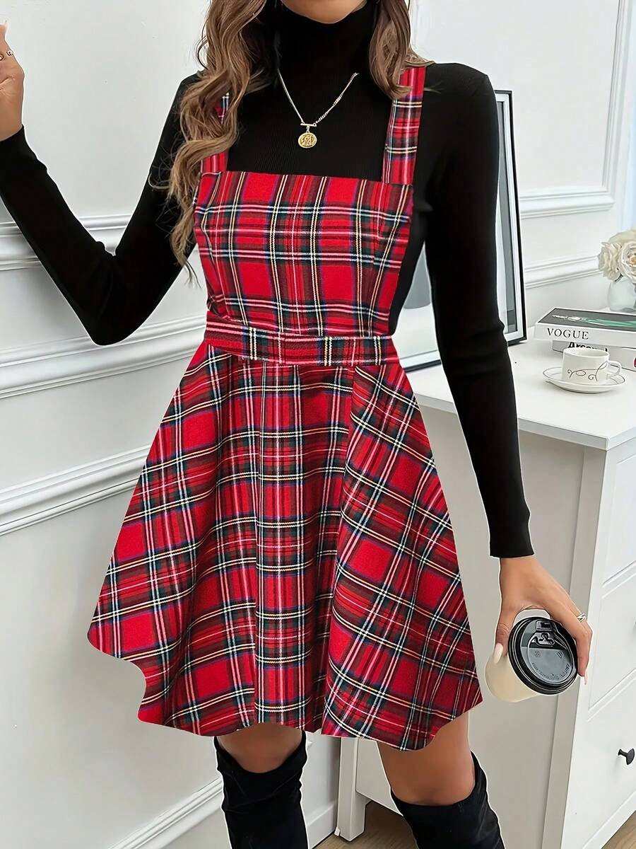 1 pieza Vestido de peto casual de cuadros rojos elegante para fiesta, uso diario, otoño/invierno, Navidad