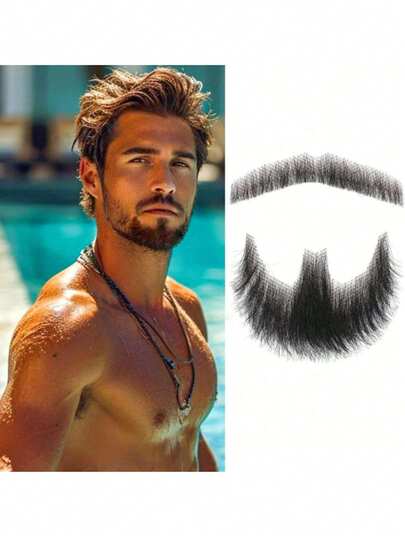 Fake Beard Realistic Full Hand Tied Goatee False Beards Lace Invisible Fake Mustache For Halloween Dressing Men Makeup Entertainment/Drama/Party/Movie Prop (Brown)