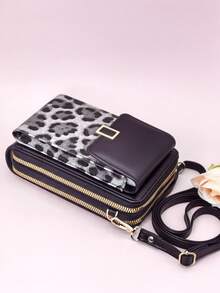 新款斜挎包多功能大容量双层拉链手机钱包时尚简约精致图案印花休闲度假约会女士钱包钱包腕带钱包 - 黑色 - 查看 5