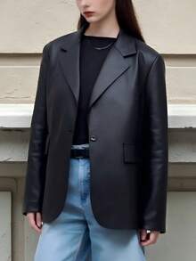 conciso Lässige, oversized Blazer für Damen mit Kerbe-Revers, breiten Schultern, einem Knopf, Pattentaschen und dickem PU-Leder für Herbst, Büro/Arbeit