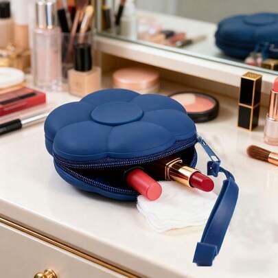 1个硅胶化妆包，可爱花卉图案迷你收纳袋，防水化妆包，口红盒，钥匙扣，首饰收纳包，零钱包，多功能便携小袋，可收纳耳机及配件