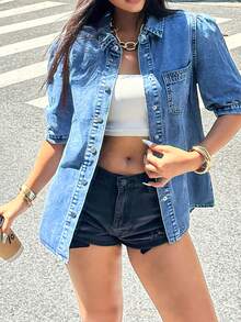 Áo sơ mi denim tay phồng màu xanh nhạt - Áo kiểu mùa hè tay phồng - Rửa trung bình - Xem 5