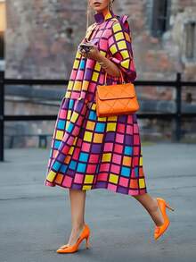 Plus Size Colorful Plaid Stand Collar Lantern Sleeve Dress, Autumn - Multicolor - View 8