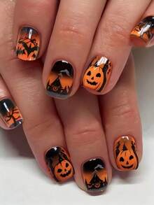Fique Glamorosa com 24 Unhas Postiças de Formato Amendoado Médio, Estilo Punk, Unhas Falsas Legais de Halloween com Degradê Verde Escuro, Apresentando Estrelas Fofas, Luas, Gatos Pretos e Fantasmas, Juntamente com Degradês Laranja Estilo Y2K e Abóboras Assustadoras. Kit de Unhas Falsas de Cobertura Total para Mulheres e Meninas, Inclui 1 Peça Folha de Adesivos e 1 Peça Lixa de Unha Jelly Gel, Envio Aleatório