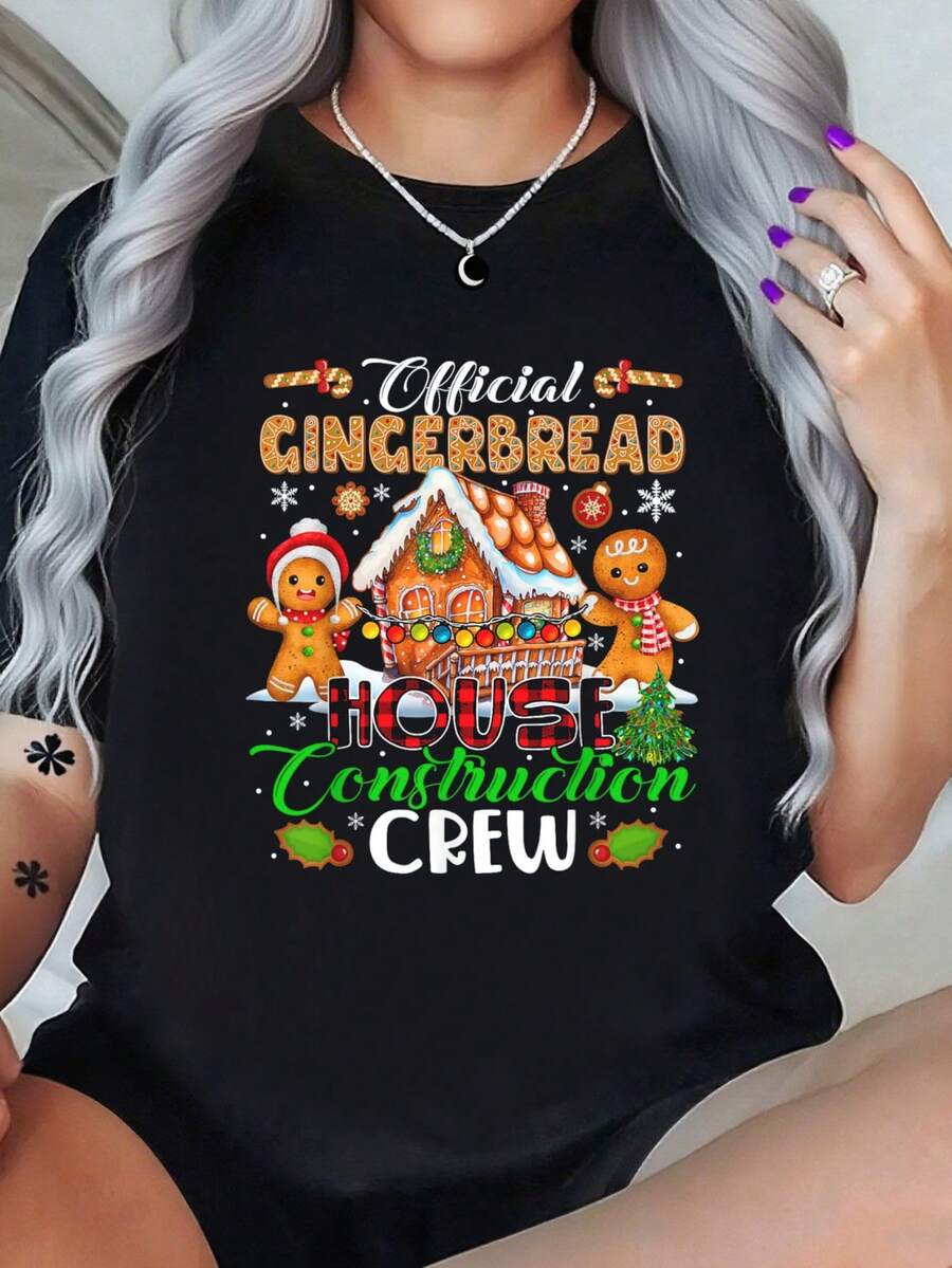 Official Gingerbread House Construction Crew Xmas Cookies-Shirt% Cotton Black Art Crew Neck Unisex-Shirt Women And Men - 黑色 - 查看 1