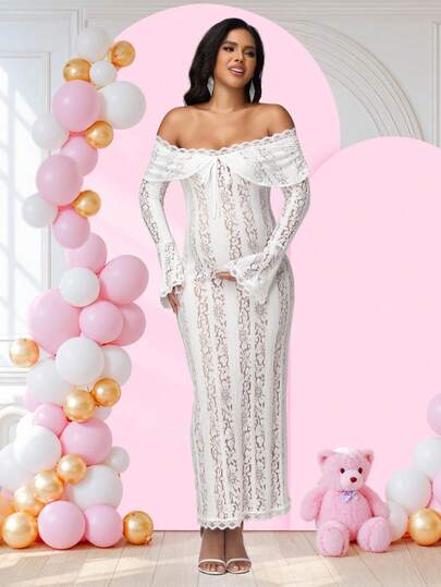 JustVH Elegant Lace Off-Shoulder Flare Sleeve Maternity Dress, Fitted Maternity Evening Gown, Suitable For Baby Shower, Photo Shoot, Party And Other Occasions White Spring
