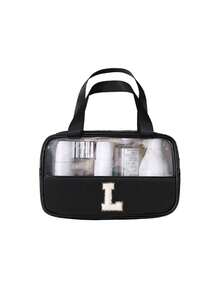 1个透明PU/PVC字母形防水旅行洗漱包，拉链化妆品收纳袋，带便捷提手的便携式化妆包 - 黑色 - 查看 26