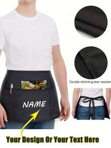 1Pc Personalized CustomUnisex Polyester Apron With 3 Pockets - Customizable Short Half Waist Waiter Work Uniform Hair Stylist Black Apron Hairdresser Beauty Salon Cosmetologist Cosmetology School Barber Gift Custom,For Kitchen, Hotel, Restaurant, Cooking, Baking, And Chef Use, Perfect For Personalized Text Or Logo