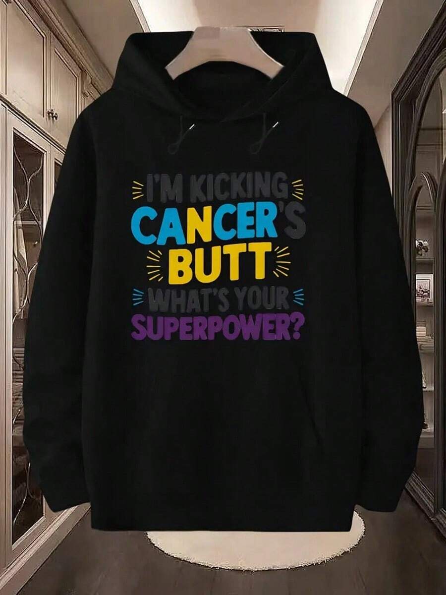 Black Oversized Hoodie With Bold I'm Kicking Cancer's Butt Graphic Print - Geometric Pattern Streetwear Sweatshirt, Machine Washable Hip-Hop Style For Cancer Awareness & Casual Wear,Fall Hoodies,Men's Fall Clothes,Street Wear,Halloween,Mens Hoodies,Y2k Clothes,Jesus Hoodie,Thanksgiving Day,Nightmare Before Christmas,Christmas - 黑色 - 查看 1