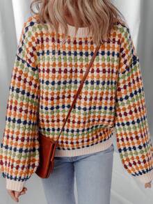 Acelitt Suéter casual de punto con cuello redondo, manga larga y hombros descubiertos con estampado de lunares y rayas multicolor para mujer en invierno