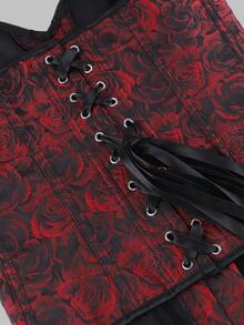 1pc Women's New Vintage Tight Bustier, Rose Flower All-Over Print Corset, Classic Strapless Sexy Elegant Overbust Shapewear For Outerwear, Suitable For Valentine's Day, Halloween Or Daily Gatherings - Burgundy - View 7