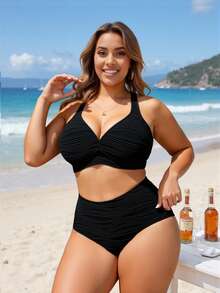Swim Lushoire Plus Size Solid Ruched Bikini Set Top & Short Summer Beach - Black - View 3