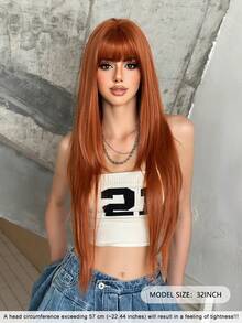 NICKY WALL 32Inch Extra Long Straight Layered Orange Wigs For Women Elegant Nature Looking Wigs With Full Bangs,High Density Fluffy Synthetic Heat Resistant Fiber Hair,For Beginners Glueless Daliy Party&Halloween Anime Cosplay Wear, Music Festival Party Use