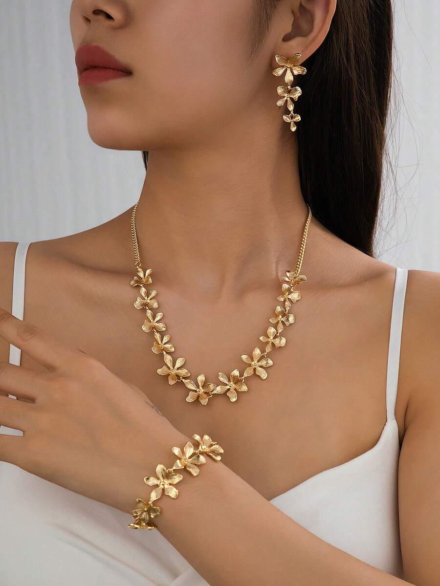 1 Set/1 pieza Conjunto de joyería de pulsera, collar y aretes con cadena y flor delicada y de moda, adecuado para uso diario de mujeres - Collar 57G7 - Ver 1