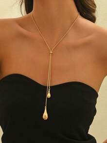 1pc Women's Elegant Y-Shaped Necklace, Fashion Teardrop Pendant Box Chain With Tassel, Long Necklace Accessory - 金色 - 查看 1