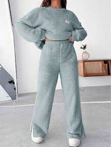 2pcs Solid Color Casual Elegant Cute Velvet Suit, Suitable For Daily Home Wear, Autumn/Winter - Baby Blue - View 1