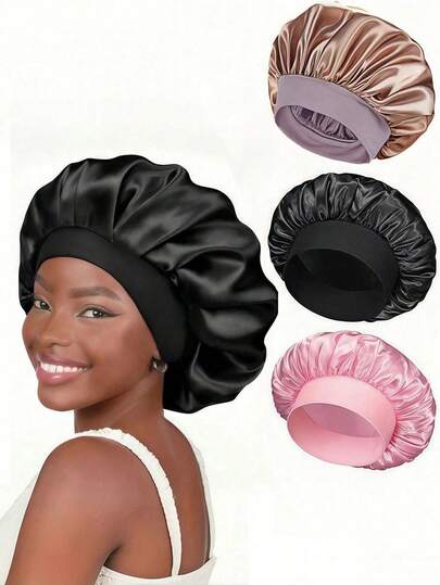 三件套真丝睡帽，缎面帽，松紧带真丝睡帽，卷发帽，真丝美发套装，家居装饰及浴室秋冬帽，真丝帽，浴帽，适合护肤、洗脸、睡眠、居家、吹干头发、清洁头发