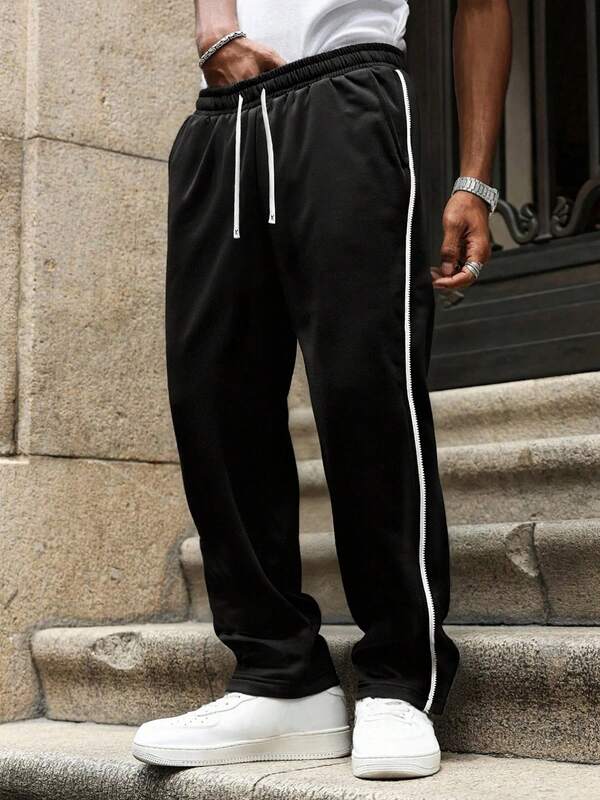 Herren Lässig Hose mit Seitenstreifen, weite gerade Passform mit Drapiereffekt, Frühling/Herbst