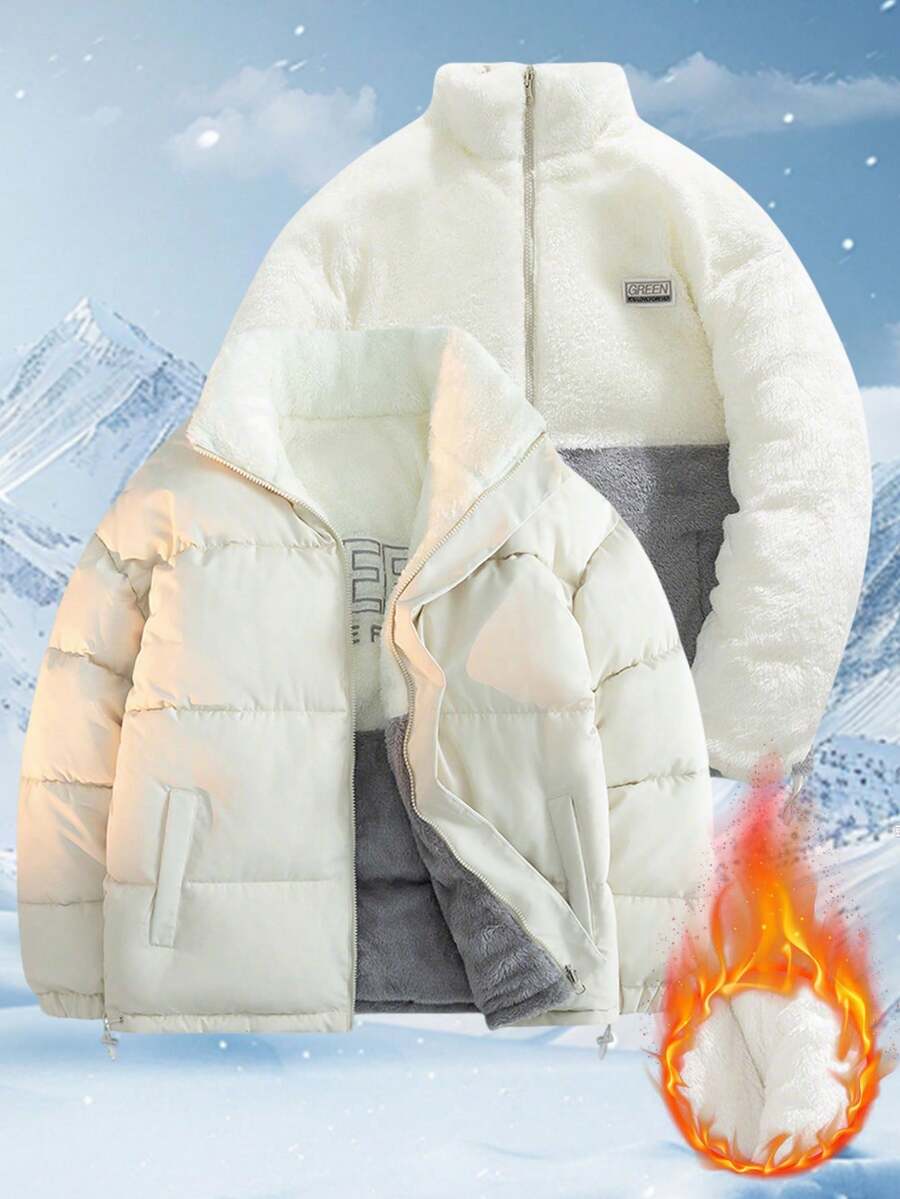 1 件男士冬季新款运动夹克，可翻转立领保暖内衬加厚保暖外套 - 白色 - 查看 1