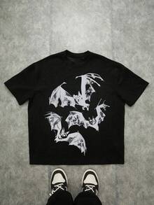 Bats Group Print T - Shirt,Comfortable Casual Short Sleeve, 220 Grams Heavyweight Cotton Printed T-Shirt,Oversized,Halloween - 黑色 - 查看 1
