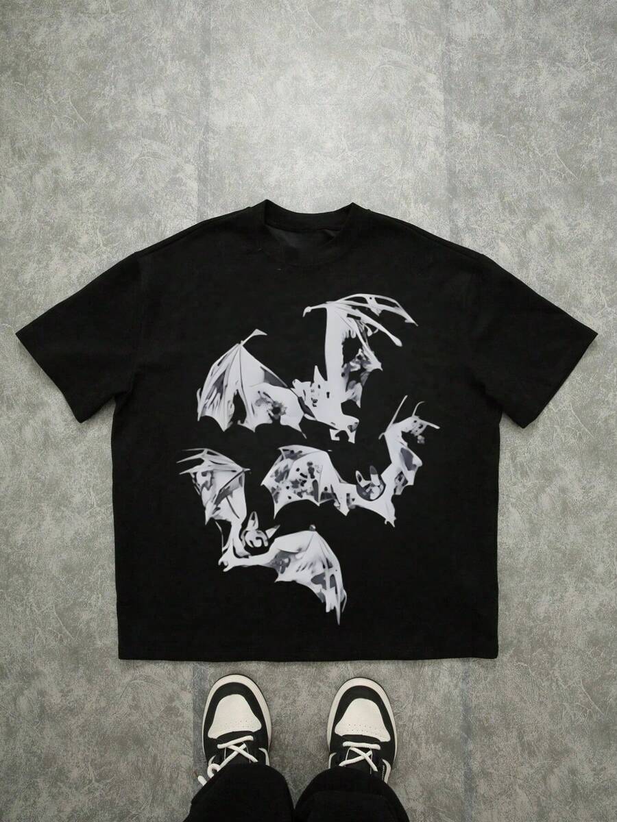Bats Group Print T - Shirt,Comfortable Casual Short Sleeve, 220 Grams Heavyweight Cotton Printed T-Shirt,Oversized,Halloween - 黑色 - 查看 1