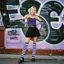 Tongcloud Women's Striped Knee High Socks, Over Knee Thigh High Socks, Arm Warmer And Fingerless Gloves SetHalloween Christmas New Year - 深藍色和白色 - 查看 3