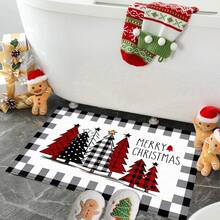1 pièce Tapis de cuisine, de porte, de salle de bain, de chambre à coucher, de salle à manger, décoration de maison, décoration de fête, décoration de Noël, en matériau imitation cachemire doux avec motif d'arbre de Noël sur fond à carreaux noirs et gris, avec support en TPR, pour la décoration de Noël