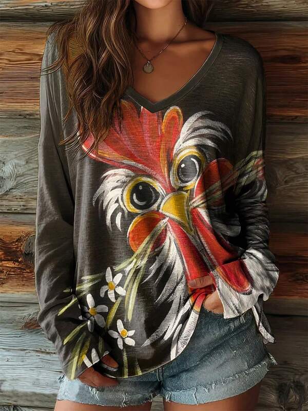 Plus Size Women's Fashion Printed Cartoon Casual Holiday Long Sleeve V-Neck T-Shirt