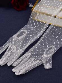 1 pereche mănuși lungi de mireasă cu buline din plasă, accesoriu pentru rochia de petrecere de nuntă, mănuși din dantelă pentru evenimente de afaceri, mănuși de nuntă la modă