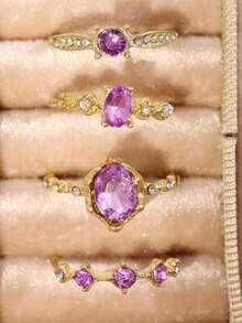 4pcs/Set Fashionable Exquisite Luxury High-End Unique Design Versatile Purple Rhinestone Gold Alloy Rings, Suitable As Gifts For Girlfriend, Wedding, Engagement - Multicolor - View 7